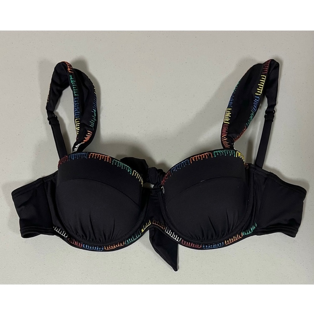 Soluna Swim Black Boho Rainbow Stitch Bikini Top Bathing Suit Swimwear Size M 💖